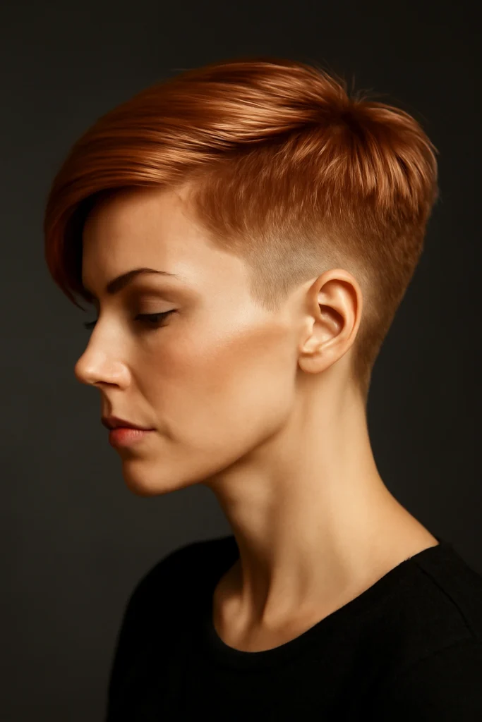 Textured strawberry blonde pixie haircut with longer top pieces