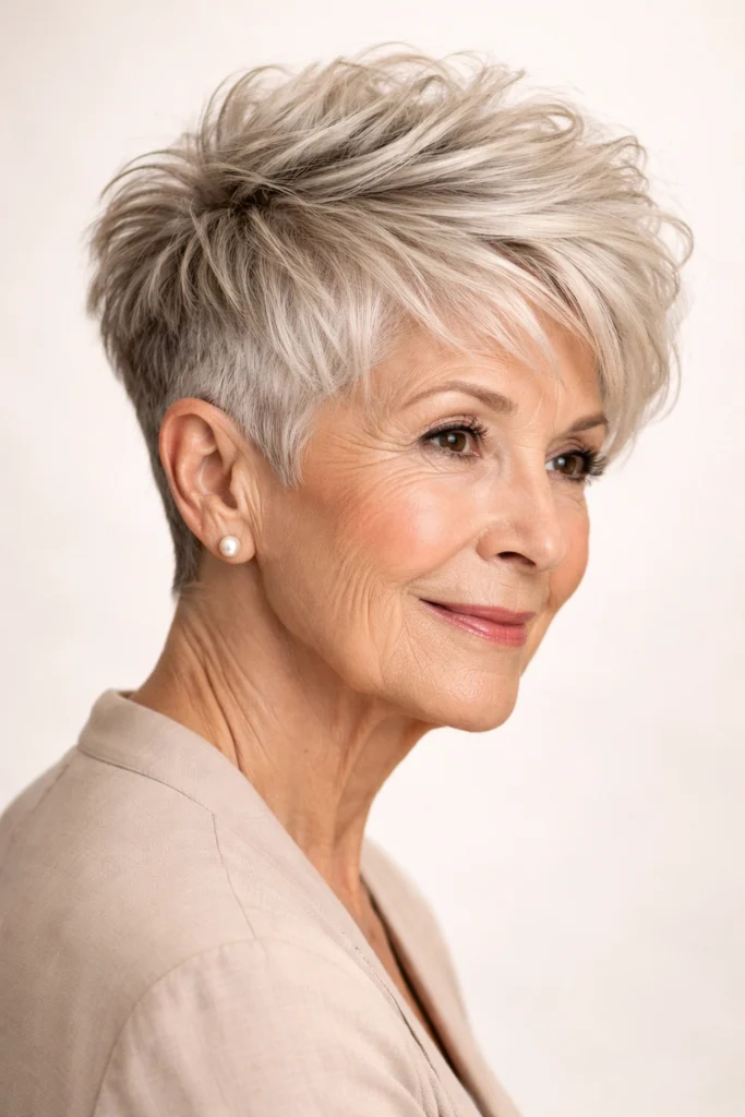 Silver pixie haircut with tapered nape on an older woman