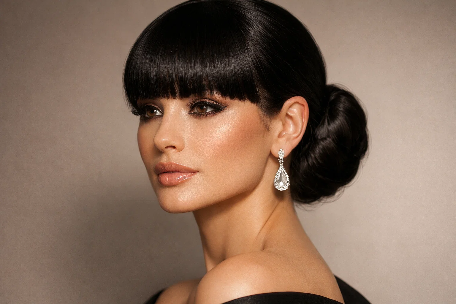 Twisted low chignon with blunt bangs