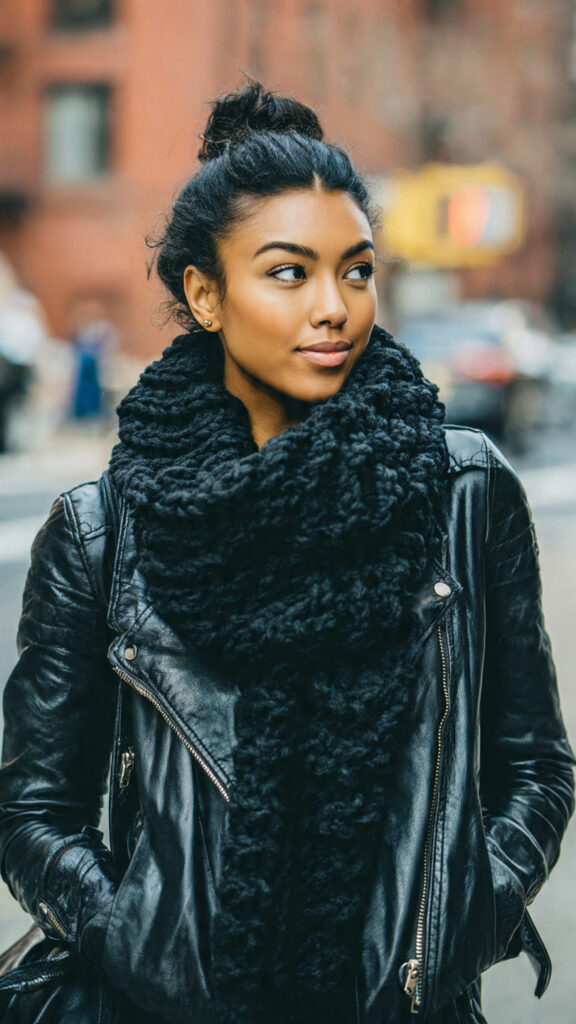 Woman in a black chunky knit cowl scarf and black leather moto jacket on a city street