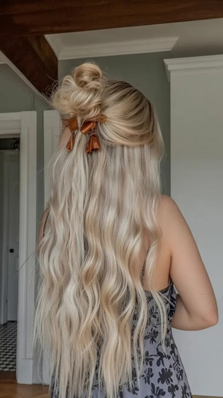 Half-up top bun with brown velvet bow accents