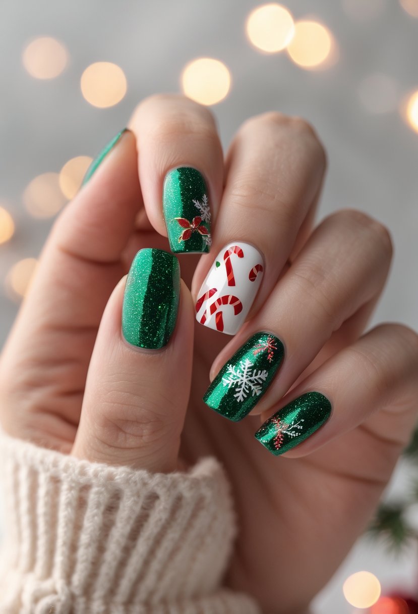 Short emerald glitter Christmas nails with candy cane accent and white snowflake art