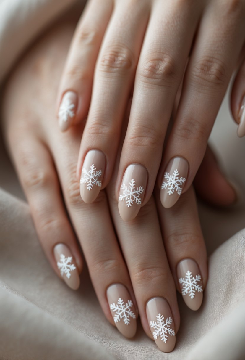 Beige almond nails with white snowflake nail art