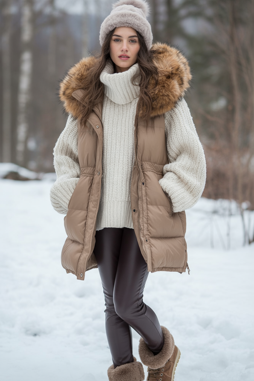 Woman wearing a turtleneck sweater with a faux-fur vest for a European winter outfit