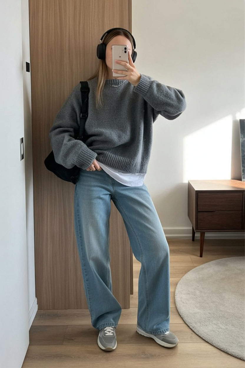 Woman wearing an oversized grey crewneck sweater over a white tee with light-wash wide-leg jeans and sneakers