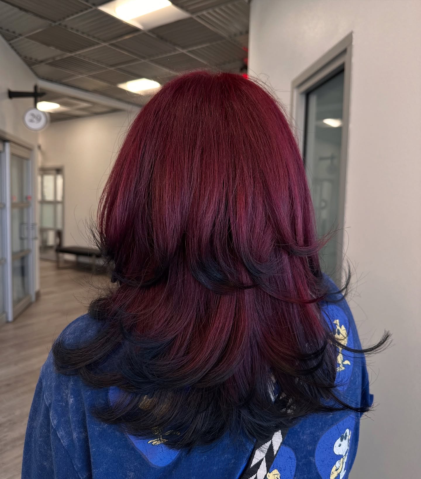 Layered S-curl hair in claret plum red wine color