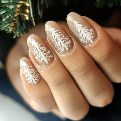 Sheer nude almond nails with delicate white Christmas-tree silhouette art