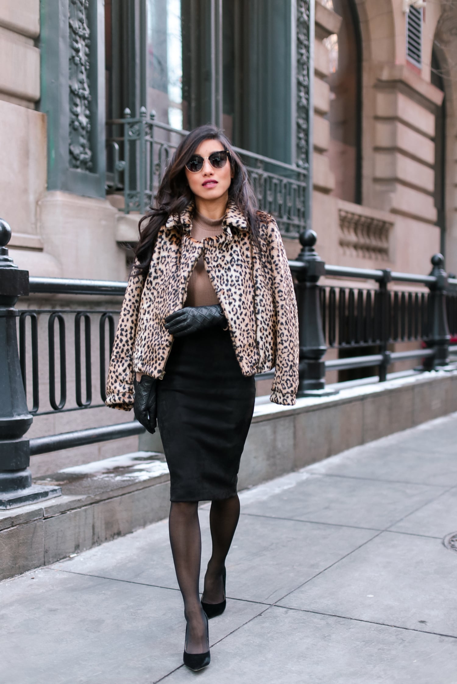 Short leopard faux fur jacket with black pencil skirt and sheer tights