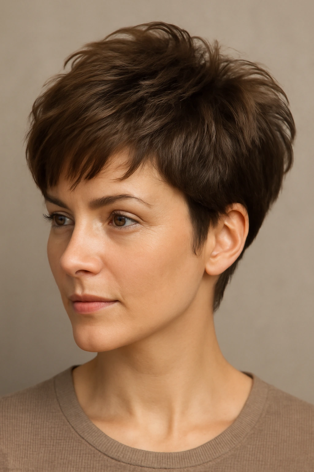Short textured pixie haircut with volume and lift on top