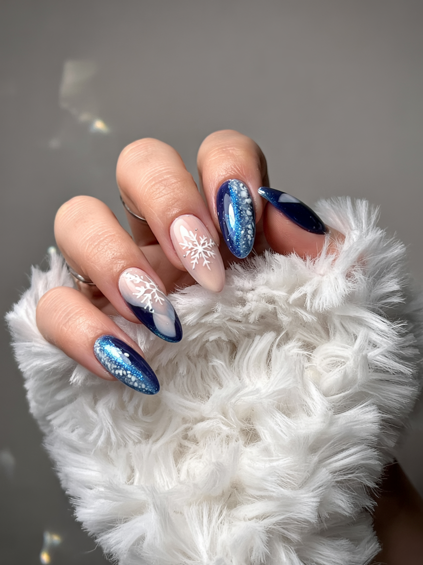 Blue ombre glitter nails decorated with snowflake designs