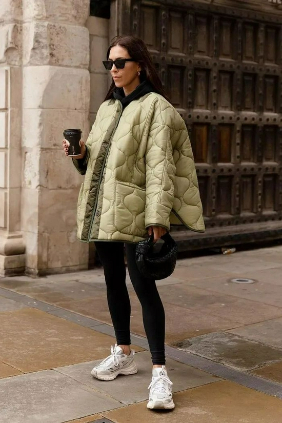 Quilted jacket with leggings and sneakers, winter street style