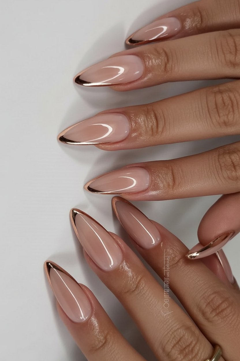 Almond nude nails with copper chrome French tips