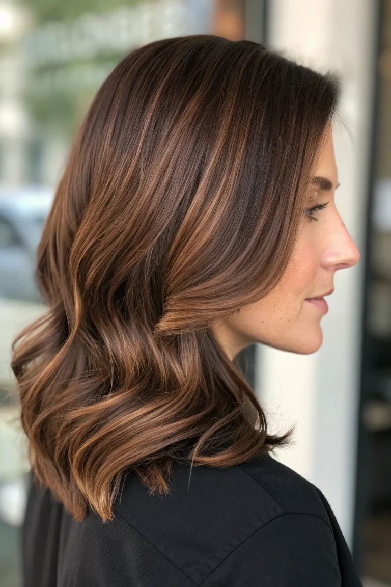Medium-length glossy cognac brown hair with dimensional shine