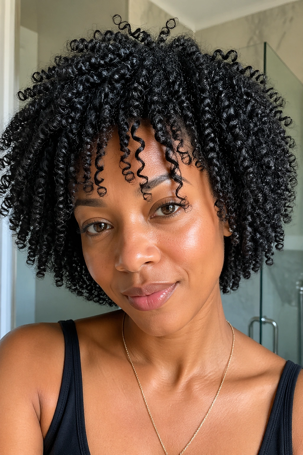 Defined wash-and-go curls with a middle part on natural hair