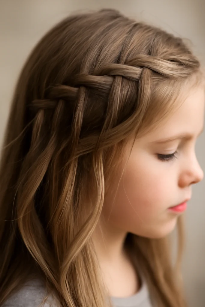 Close-up of a young girl's waterfall braid with strands cascading through long hair