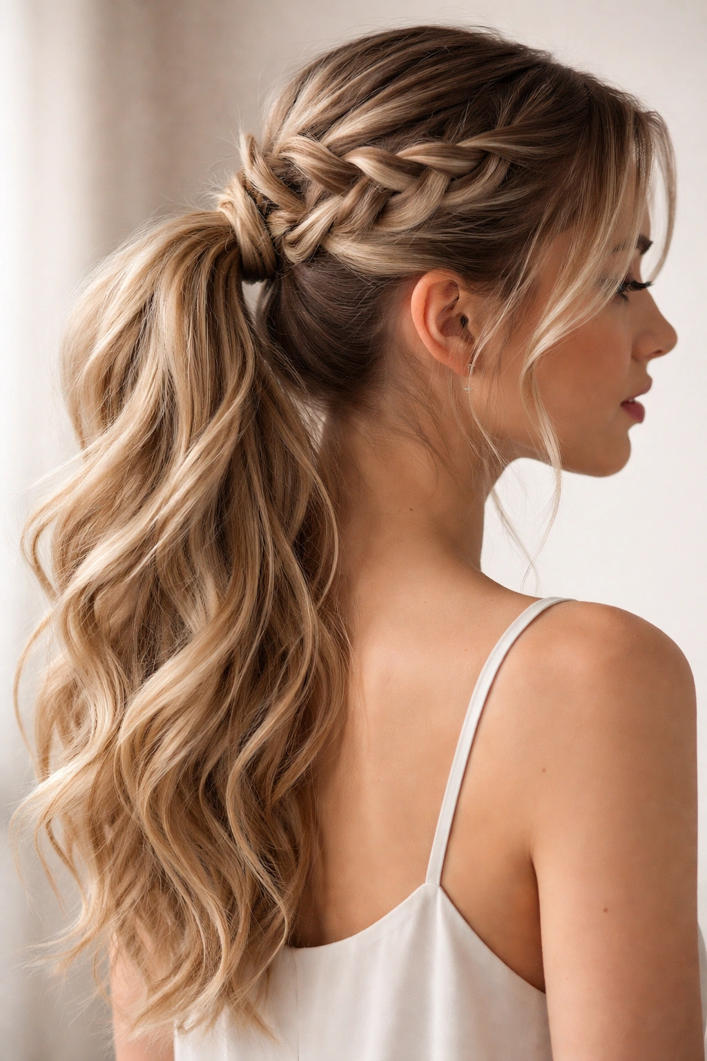 A side braid feeding into a high wavy ponytail