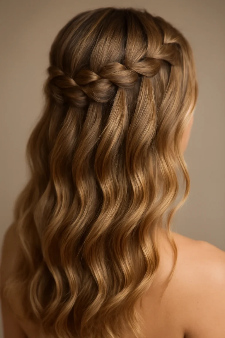 A waterfall braid tracing across the back of the head with cascading strands