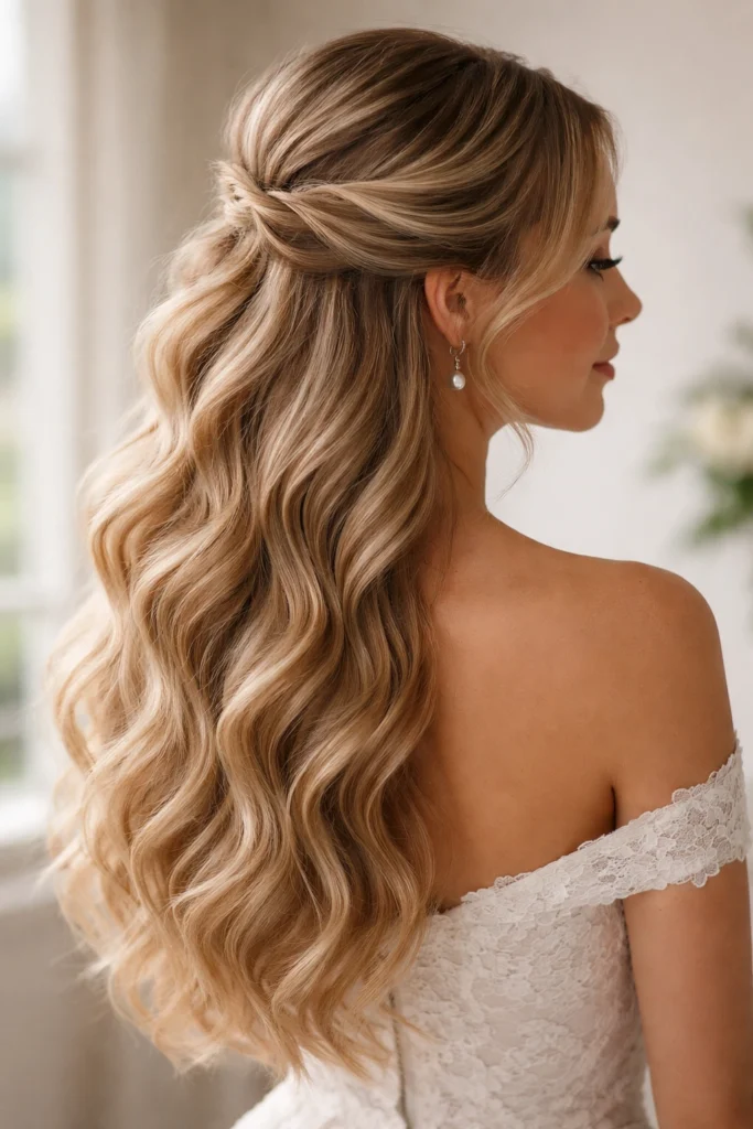 Long blonde hair styled in a romantic twisted half-updo with soft cascading waves
