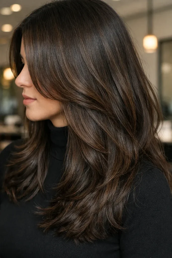 Woman with dark chocolate brown long layered hair and curtain bangs framing her face