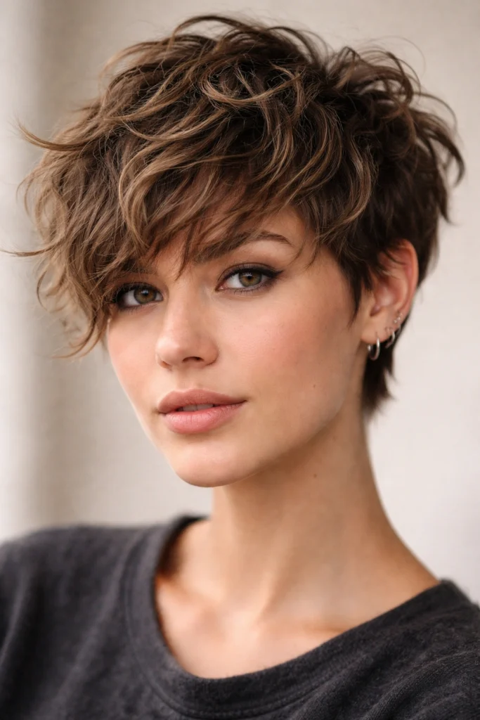 Wavy pixie haircut with textured piecey bangs