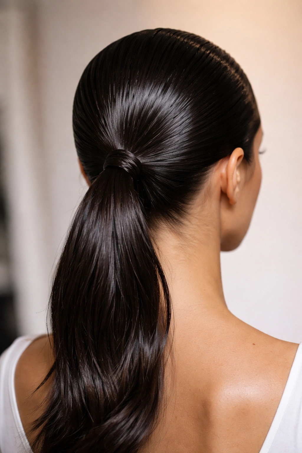 Raven black hair with a deep side part slicked into a wet-look low ponytail