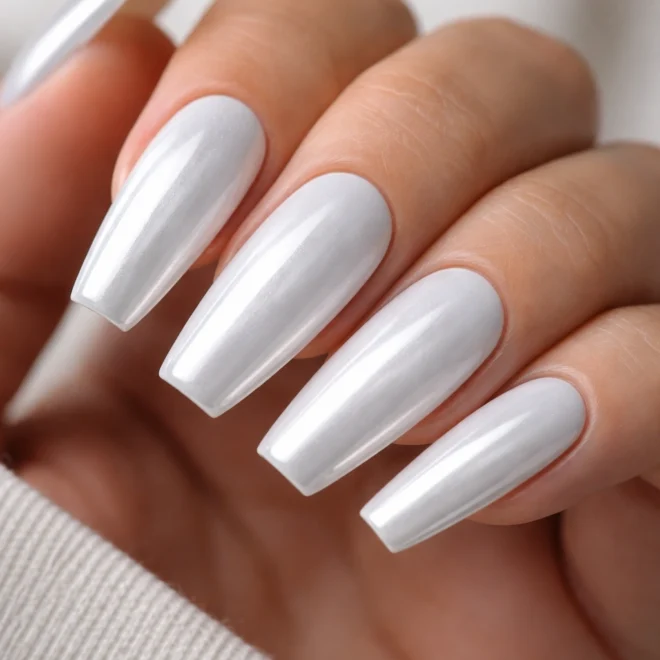 Pearlescent white chrome shimmer nails, long square