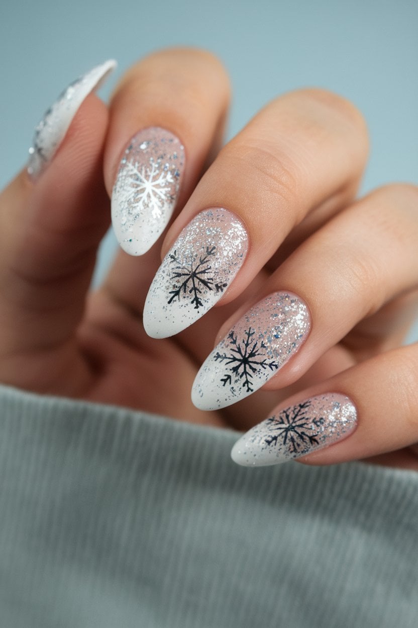 White shimmer Christmas nails with snowflakes