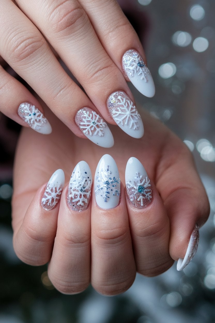 Crisp white nails with delicate snowflake nail art