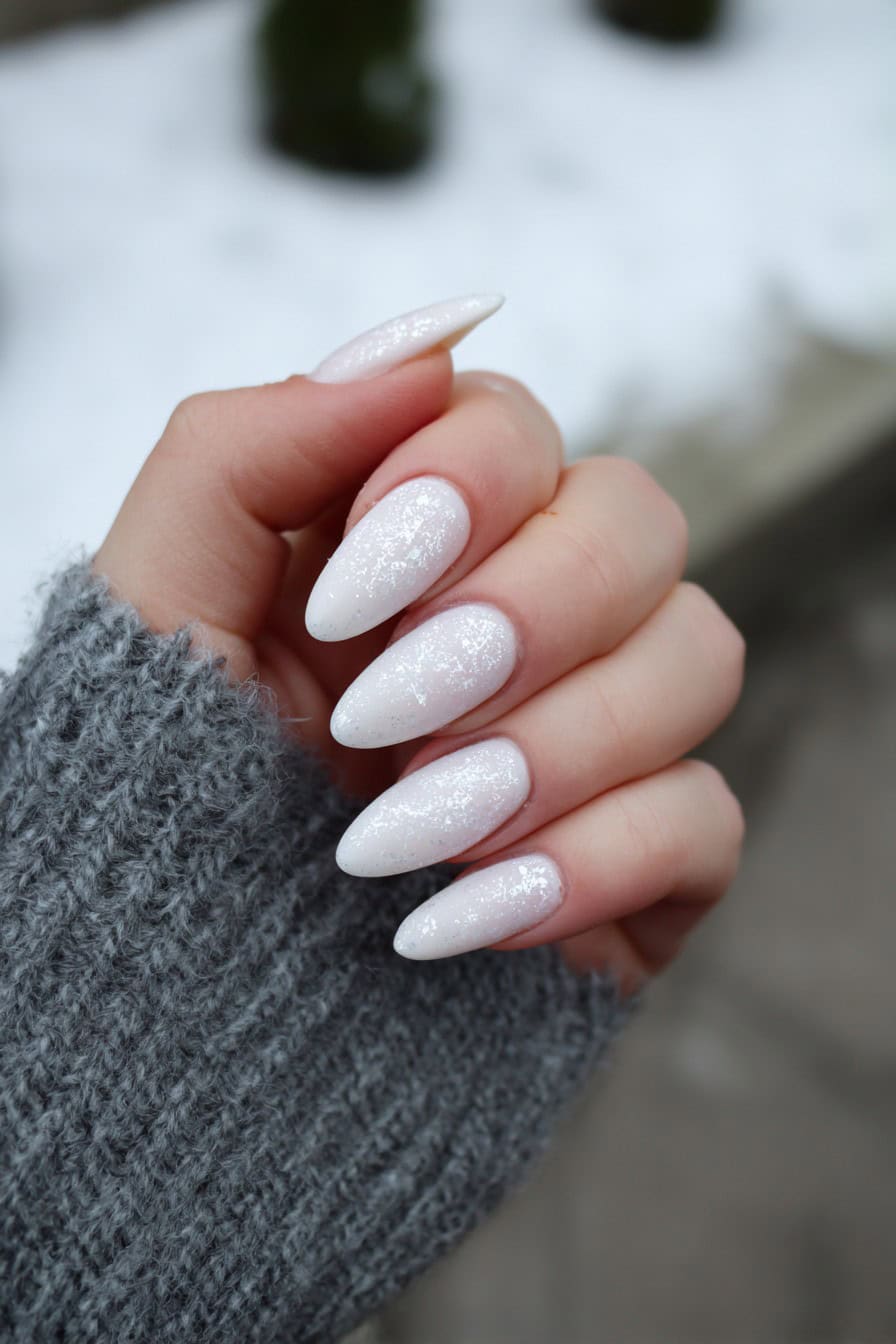Frosted white almond nails with iridescent flake shimmer, photographed against a snowy winter backdrop