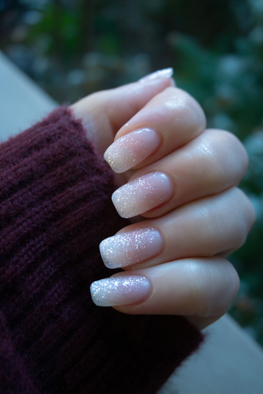 Frosted white sheer nails with a silver micro-glitter fade