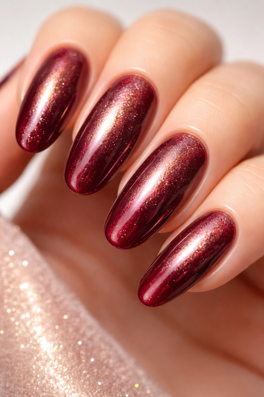 Wine-red polish with fine golden shimmer on almond nails