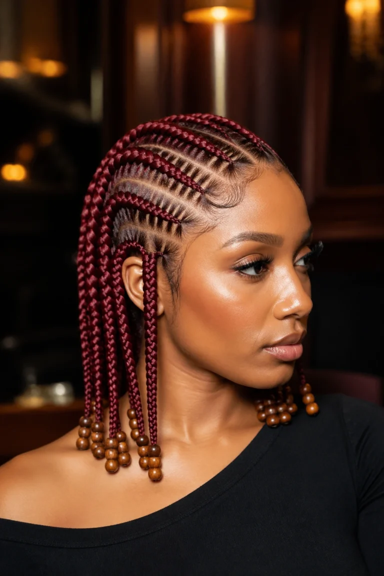 Wine red stitch cornrows with brown wooden beads