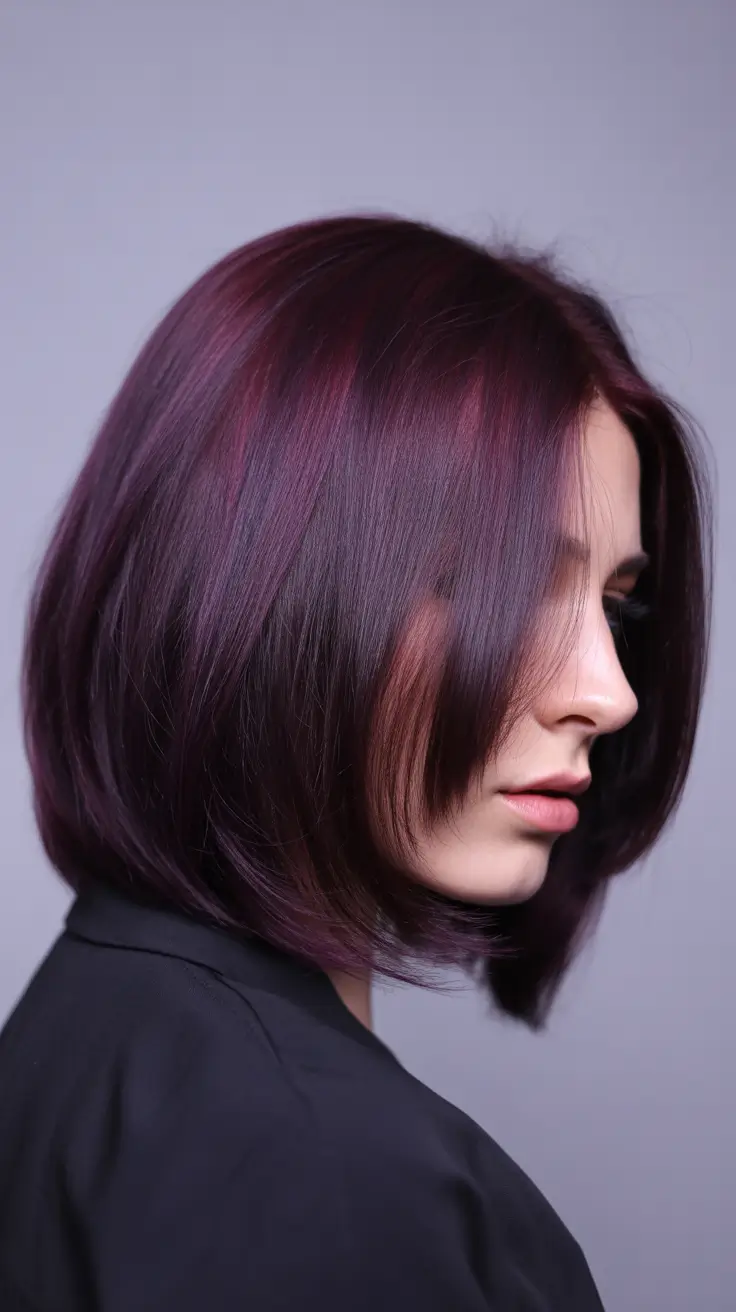 Chin-length burgundy bob with wine-red depth and a glossy finish