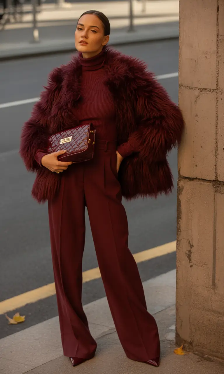 Burgundy faux fur jacket over a monochrome burgundy turtleneck and trousers