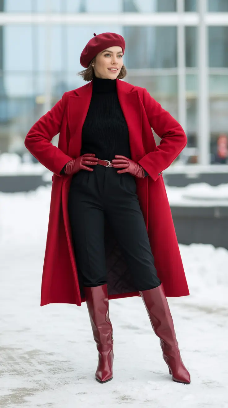 Woman in a red wool coat with a black turtleneck, black pants, red beret and red knee-high boots in the snow