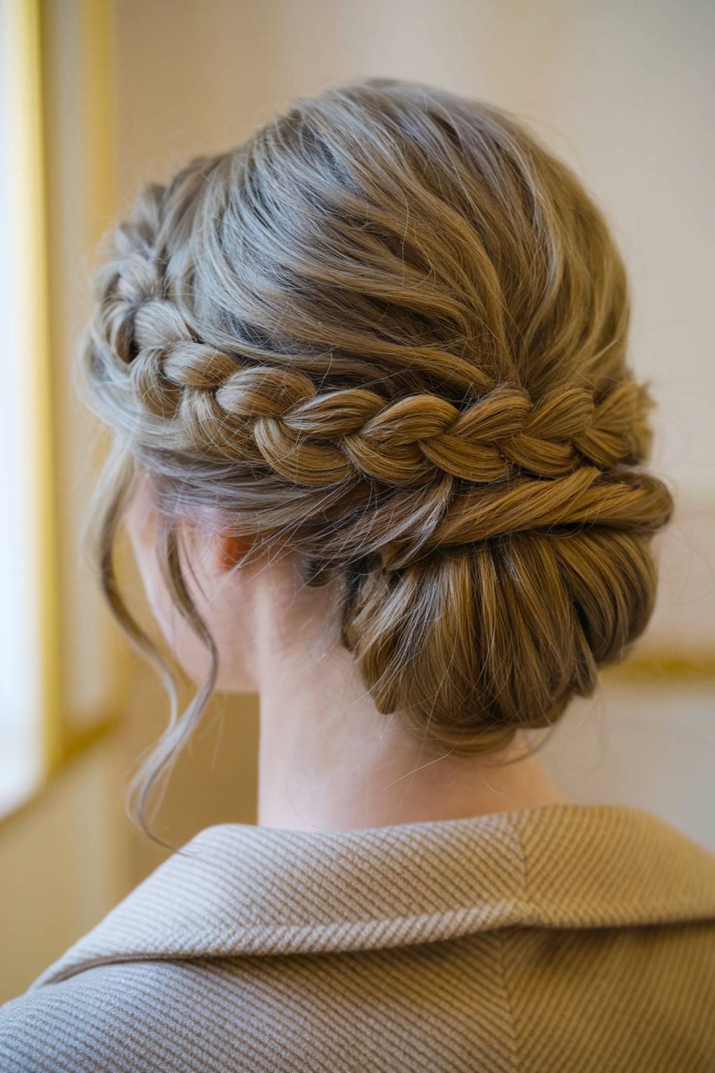 An elegant braided updo with soft twisted sections