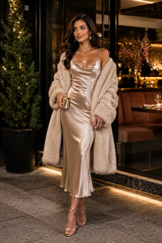 Champagne satin slip dress with faux fur jacket and strappy heels