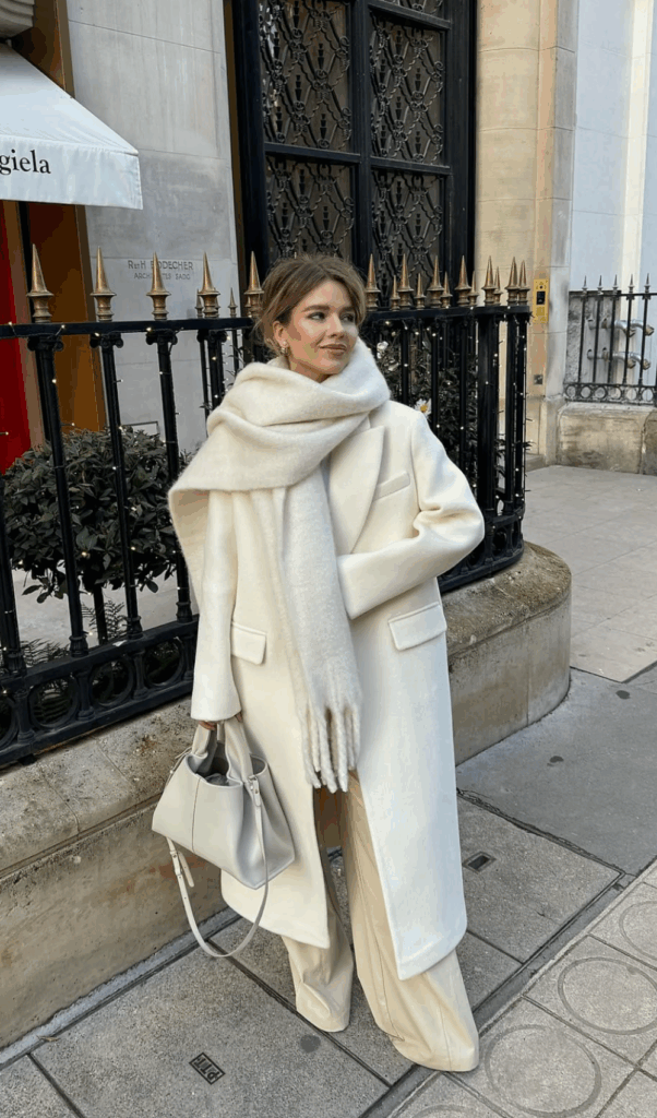 Woman in a cream monochrome winter outfit: ivory coat, knit scarf, cream trousers, and bag