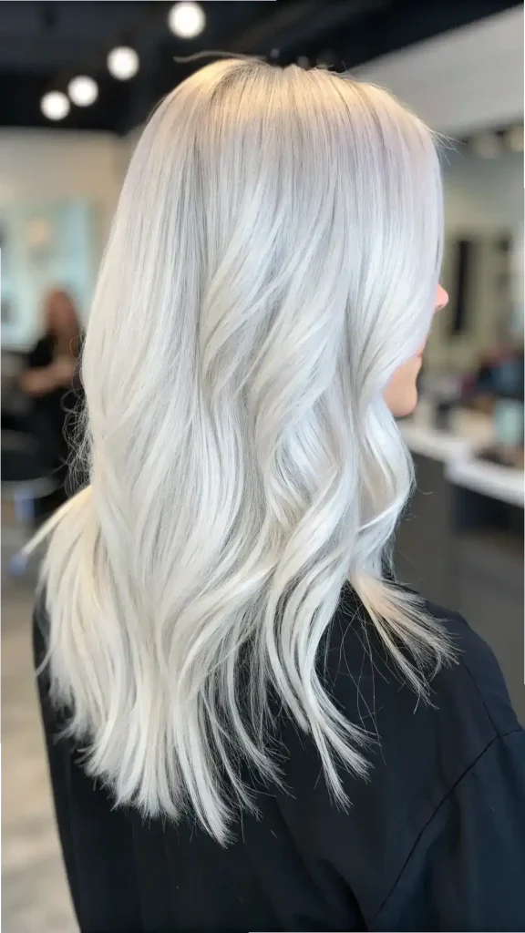 Long icy platinum blonde waves with shadow roots, back view