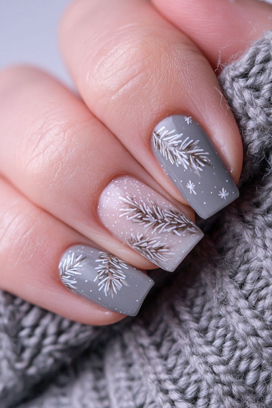 Grey winter nails with a white snowflake accent nail