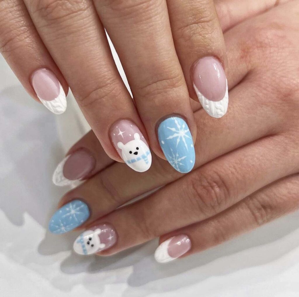 Polar bear nail art with French tips