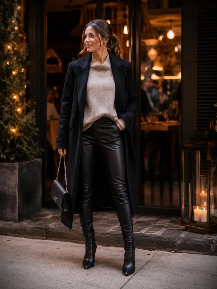 Woman wearing an oversized knit sweater with leather pants
