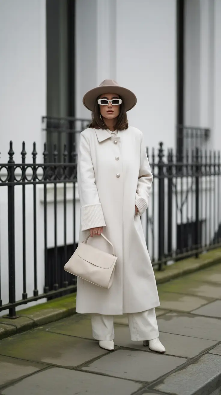 Woman in a white car coat with camel knit and trousers