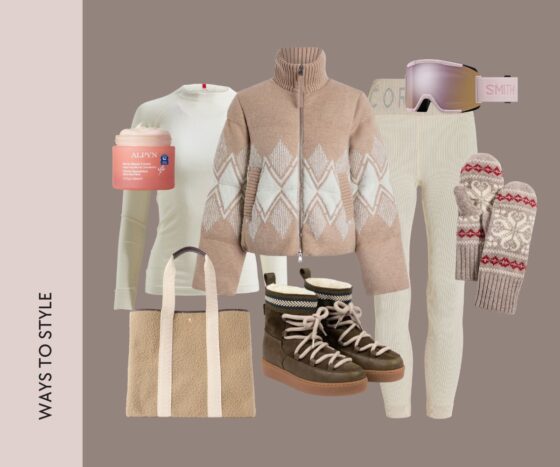 Flat lay of a cream fair-isle zip sweater with matching knit leggings, lace-up snow boots, goggles, patterned mittens and a sherpa tote