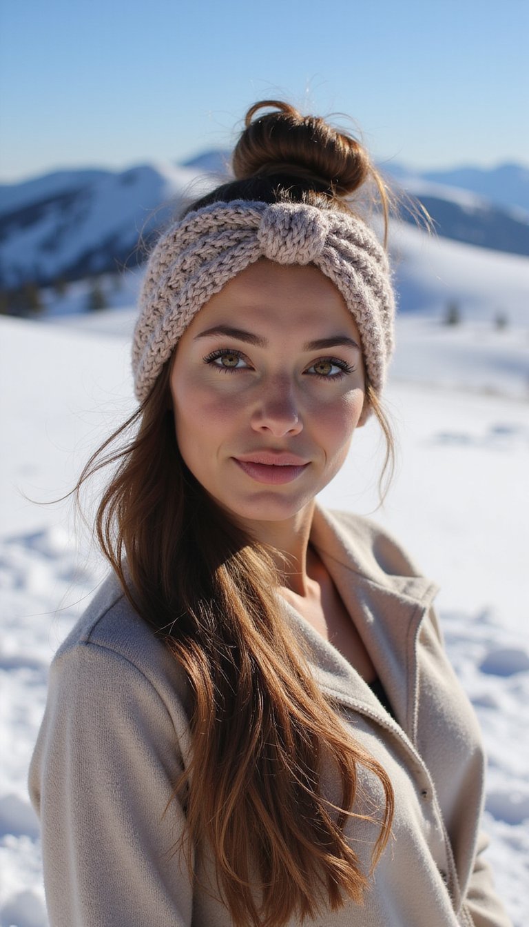 Woman outdoors in snow with a high topknot and a chunky beige knit headband