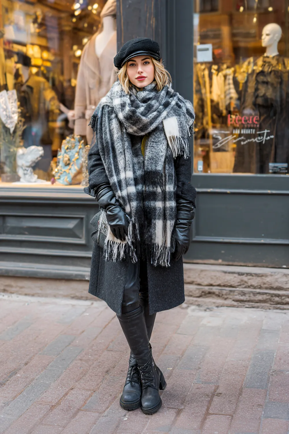 Woman in a black coat with a plaid scarf, winter street style