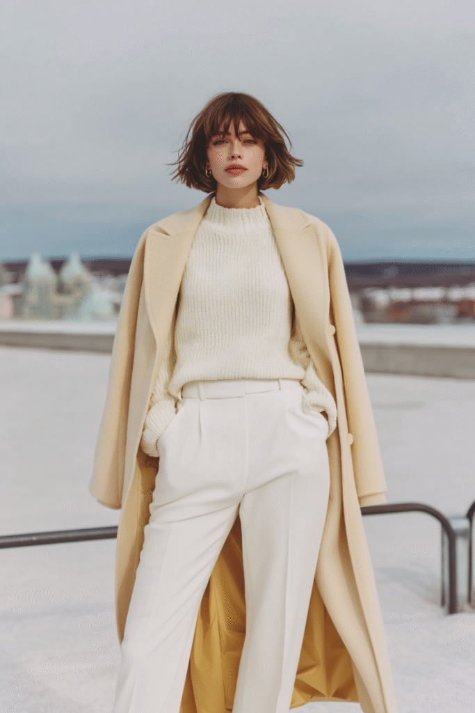 Cream knit sweater with white trousers in a winter neutral outfit