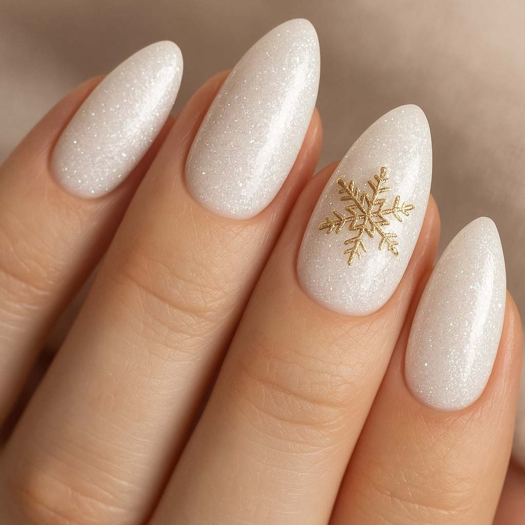 Pearlescent ivory almond nails with a single delicate gold snowflake charm