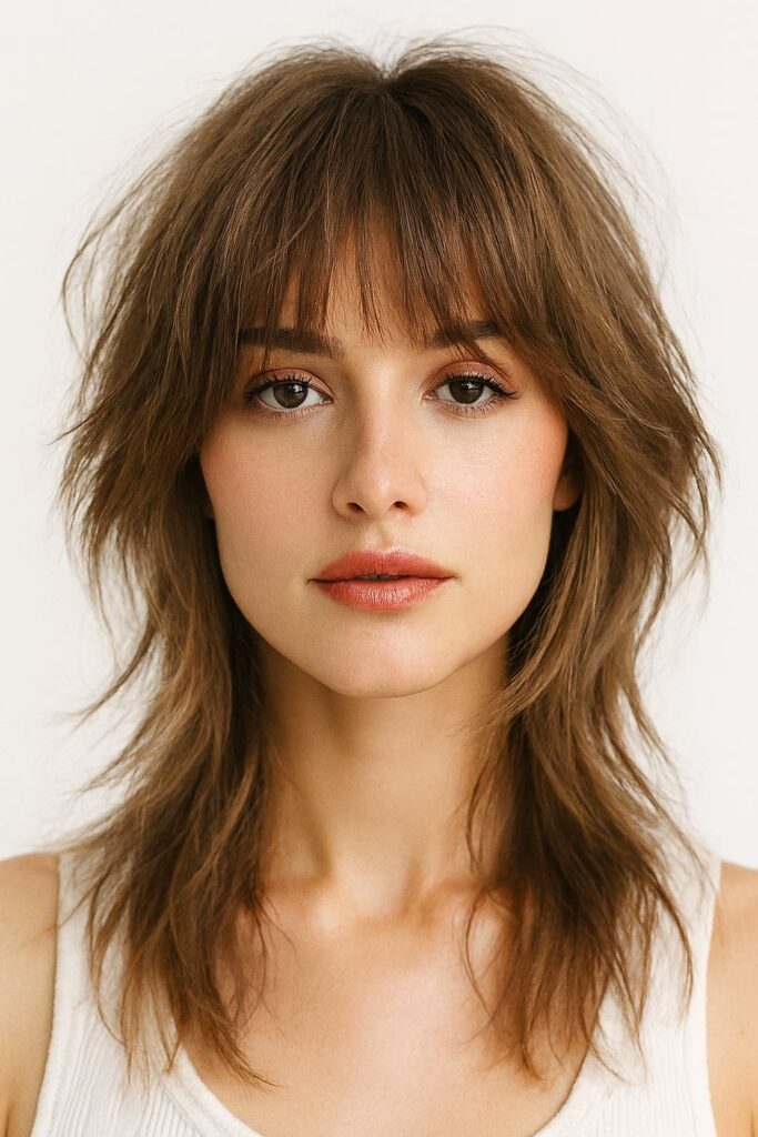 Wolf cut hairstyle with wispy fringe