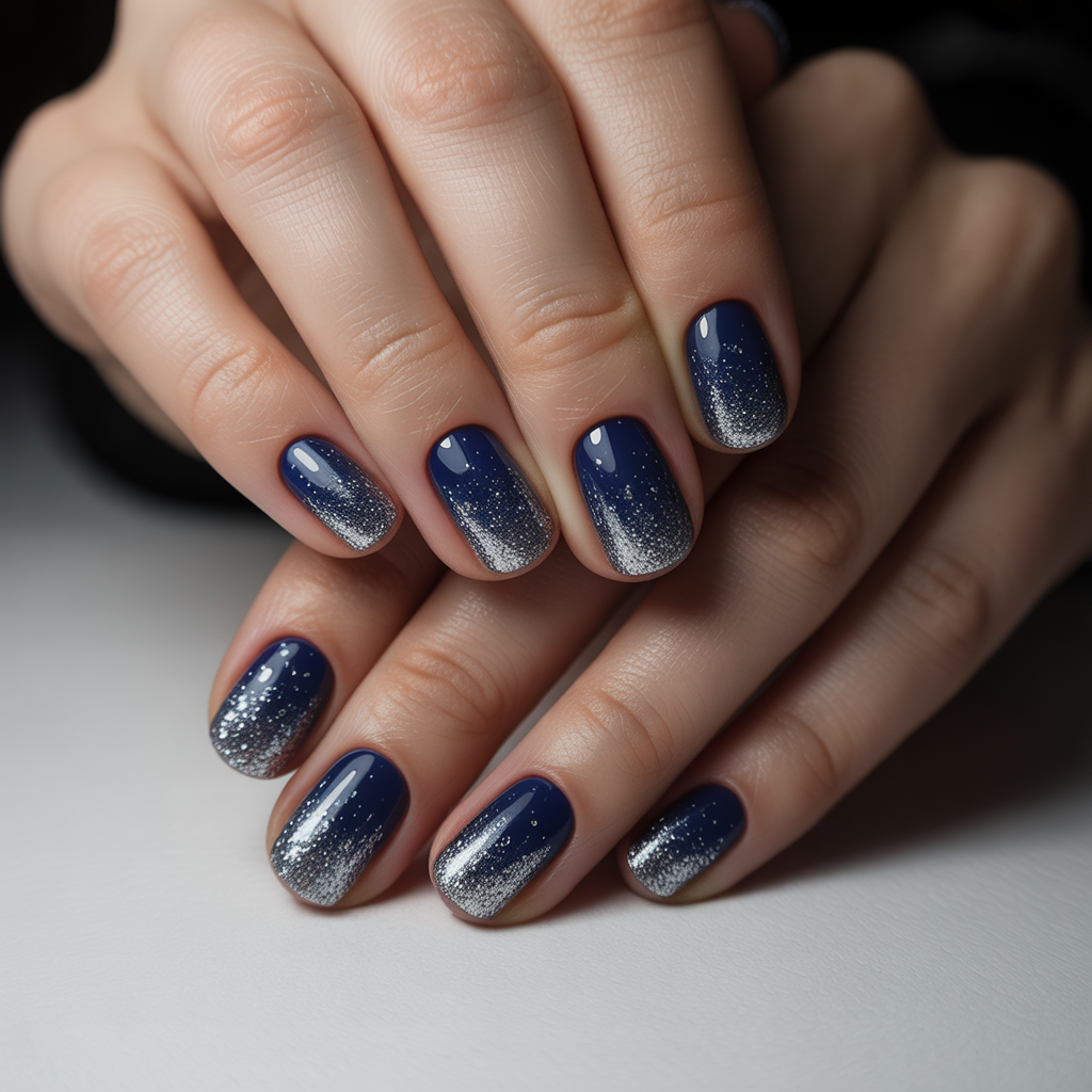 Short oval midnight blue nails with silver glitter fading from the tips